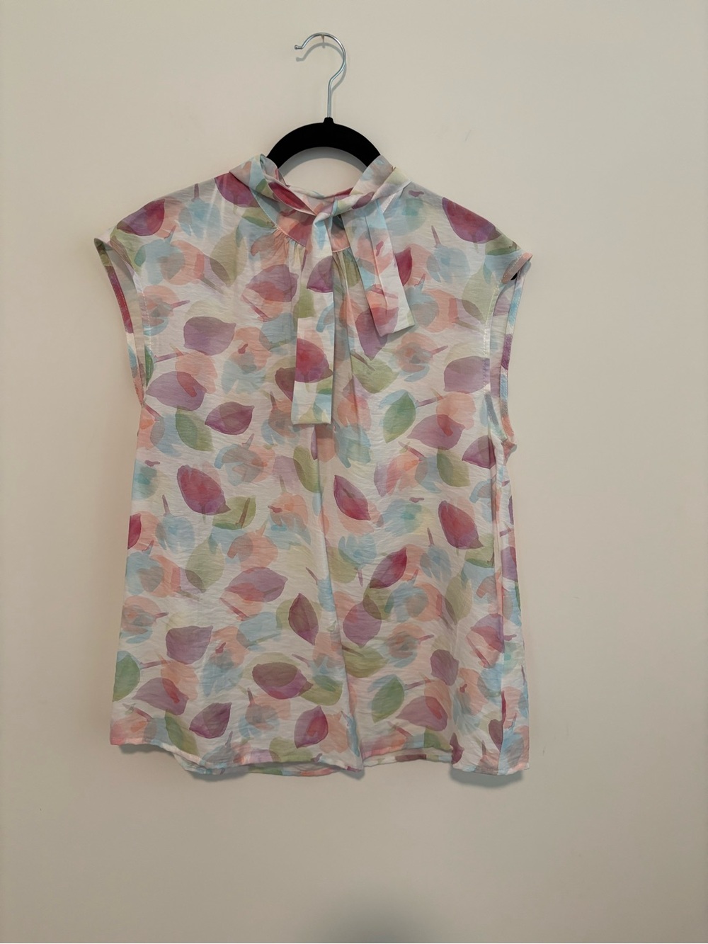 Women's Soft Pastel Leaf Print Bow Neck Blouse